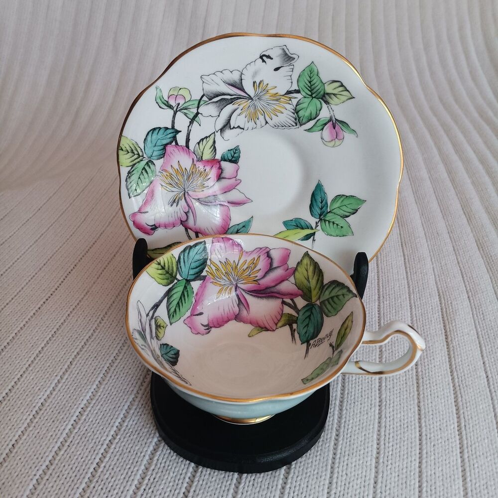Vtg 1950 ROSINA cup & saucer handpainted Tropical flowers #4855 signed A Bentley